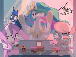 Size: 1300x990 | Tagged: safe, artist:bluse, diamond tiara, princess celestia, princess luna, silver spoon, alicorn, earth pony, pony, g4, 2014, against glass, bloodshot eyes, cake, cakelestia, clipboard, comments more entertaining, cringing, drink, drool, female, filly, food, glasses, jewelry, licking, mare, necklace, pearl necklace, revenge, show accurate, spit take, that pony sure does love cakes, tongue out