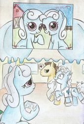 Size: 732x1076 | Tagged: dead source, safe, artist:islamilenaria, linky, screw loose, shoeshine, earth pony, pony, g4, feels, female, filly, hospital, nom, photo, sad, sisters, traditional art, twins, younger