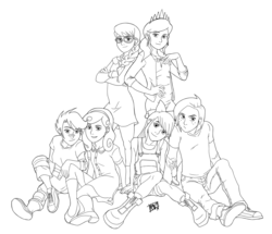 Size: 2300x1975 | Tagged: safe, artist:mono-phos, apple bloom, babs seed, diamond tiara, scootaloo, silver spoon, sweetie belle, human, g4, cutie mark crusaders, group, group picture, group shot, humanized, monochrome, simple background, white background