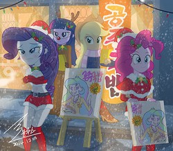 Size: 1500x1310 | Tagged: safe, artist:bluse, applejack, pinkie pie, princess celestia, principal celestia, rarity, twilight sparkle, equestria girls, 20%, belly button, breasts, christmas, cleavage, clothes, cold, female, freezing, holiday, korean, midriff, red nose, reindeer antlers, santa costume, scarf, shivering, show accurate, skirt, snow, snowfall, stupid sexy rarity, trollestia, twilight sparkle (alicorn), winter