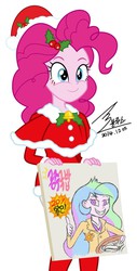 Size: 900x1773 | Tagged: safe, artist:bluse, pinkie pie, princess celestia, equestria girls, g4, background removed, clothes, cute, holly, santa costume, show accurate, sign, signature, simple background, white background