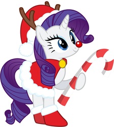 Size: 991x1104 | Tagged: safe, artist:bluse, rarity, pony, reindeer, g4, antlers, candy cane, christmas, clothes, female, hat, holiday, red nose, rudolph the red nosed reindeer, santa costume, santa hat, show accurate, simple background, solo, white background