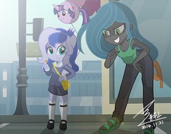 Size: 1300x1018 | Tagged: safe, artist:bluse, princess luna, queen chrysalis, twilight sparkle, vice principal luna, balloon pony, equestria girls, balloon, clothes, equestria girls-ified, female, grin, leaning forward, mary janes, rope, school uniform, show accurate, smiling, stranger danger, street, woona, younger