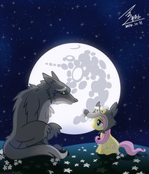 Size: 1500x1758 | Tagged: safe, artist:bluse, fluttershy, pony, wolf, g4, clothes, costume, full moon, mare in the moon, moon, show accurate