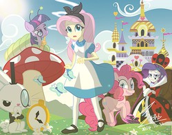 Size: 1400x1096 | Tagged: safe, artist:bluse, artist:shadyhorseman, angel bunny, fluttershy, pinkie pie, rarity, twilight sparkle, earth pony, flamingo, pony, rabbit, equestria girls, g4, alice in wonderland, animal, canterlot, clothes, cosplay, costume, dress, foster's home for imaginary friends, hat, male, mary janes, monocle, monocle and top hat, mr. herriman, queen of hearts, ribbon, show accurate, top hat