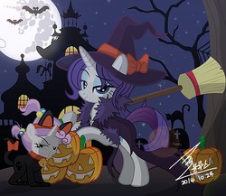 Size: 1300x1126 | Tagged: safe, artist:bluse, rarity, sweetie belle, pony, unicorn, g4, broom, clothes, costume, cross, female, filly, flying, flying broomstick, halloween, hat, looking at you, mare, moon, show accurate, sisters, smiling, witch, witch hat