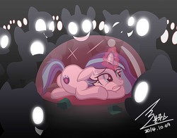 Size: 1400x1096 | Tagged: safe, artist:bluse, shining armor, pony, unicorn, g4, female, floppy ears, force field, frown, gleaming shield, glowing eyes, grin, gritted teeth, lying down, magic, mare, nightmare fuel, prone, rule 63, scared, show accurate, smiling, this will end in death, this will end in tears, this will end in tears and/or death, this will not end well