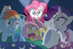 Size: 1300x879 | Tagged: safe, artist:bluse, fluttershy, pinkie pie, rainbow dash, rarity, pony, g4, bed, cute, flashlight (object), making faces with a flashlight, pillow, show accurate