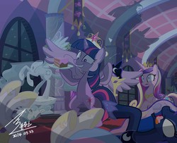 Size: 1300x1053 | Tagged: safe, artist:bluse, princess cadance, princess celestia, princess luna, twilight sparkle, alicorn, pony, alicorn tetrarchy, betrayal, bipedal, cake, context is for the weak, dead, death, empty eyes, evil, female, frown, grin, hoof hold, mare, murder, ominous shadow, on back, open mouth, raised hoof, regicide, shocked, show accurate, sisters-in-law, smiling, spread wings, statue, tiara, twilight snapple, twilight sparkle (alicorn), tyrant sparkle, usurpation, wide eyes