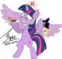 Size: 900x846 | Tagged: safe, artist:bluse, twilight sparkle, alicorn, pony, g4, background removed, big crown thingy, cake, female, jewelry, mare, regalia, show accurate, signature, simple background, solo, twilight sparkle (alicorn), white background