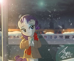 Size: 1300x1074 | Tagged: safe, artist:bluse, rarity, pony, g4, beautiful, bipedal, clothes, cute, female, show accurate, snow, snowfall, solo, starbucks, winter