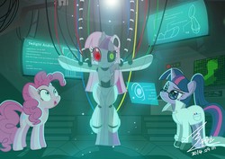 Size: 1400x991 | Tagged: safe, artist:bluse, pinkie pie, twilight sparkle, pony, robot, alternate hairstyle, female, glasses, ponytail, show accurate, trio