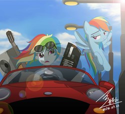 Size: 1300x1189 | Tagged: safe, artist:bluse, rainbow dash, human, equestria girls, g4, car, driving, human ponidox, musical instrument, show accurate, sunglasses