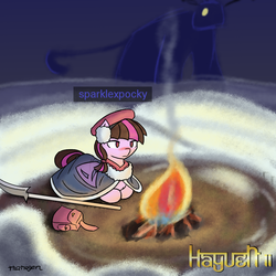 Size: 1000x1000 | Tagged: safe, artist:thattagen, twilight sparkle, pony, g4, alternate hairstyle, bag, blushing, campfire, female, fire, frown, hat, ponytail, prone, snow, solo