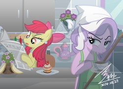 Size: 1300x940 | Tagged: safe, artist:bluse, apple bloom, diamond tiara, earth pony, pony, g4, apron, bow, cabinet, clothes, cup, cupcake, duo, ear piercing, female, flower, foal free press, food, hair bow, harsher in hindsight, housewife, jewel bloom, jewelry, karma, kitchen, mare, necklace, newspaper, older, older apple bloom, older diamond tiara, open mouth, pearl necklace, piercing, plate, role reversal, show accurate, spit on food, spitting, tea, written equestrian