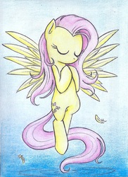 Size: 729x1001 | Tagged: safe, artist:islamilenaria, fluttershy, g4, female, floating, solo, traditional art