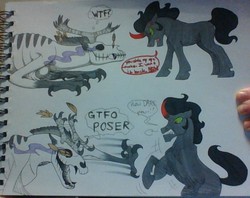 Size: 904x717 | Tagged: safe, artist:lorelei, king sombra, oc, oc:butch, pony, unicorn, wendigo, g4, duo, eye mist, male, missing accessory, non-mlp oc, skull head, stallion, traditional art