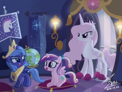 Size: 1200x904 | Tagged: safe, artist:bluse, princess cadance, princess celestia, princess luna, alicorn, pony, accessory theft, angry, celestia is not amused, female, filly, filly cadance, filly luna, open mouth, show accurate, unamused, woona, younger