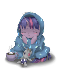 Size: 2400x3000 | Tagged: dead source, safe, artist:beefcrow, smarty pants, twilight sparkle, g4, blanket, blanket burrito, chocolate, cute, female, food, high res, hot chocolate, marshmallow, solo
