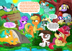 Size: 2338x1658 | Tagged: safe, artist:seriousdog, amethyst star, apple bloom, applejack, claude, diamond tiara, dinky hooves, filthy rich, pipsqueak, scootaloo, silver spoon, snails, snips, sparkler, twist, sheep, g4, colt, female, filly, foal, forest background, hiding, implied button mash, male, snipsy snap, stallion, tree