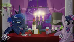 Size: 1200x691 | Tagged: safe, artist:bluse, princess luna, rarity, spike, twilight sparkle, alicorn, dragon, pony, unicorn, g4, alcohol, alternate hairstyle, beautiful, bedroom eyes, bottle, bracelet, candle, clothes, cloud, date, date night, dress, drink, female, glass, hat, implied lesbian, implied rarilight, implied shipping, jewelry, male, mare, moon, needs more jpeg, photo, ship:sparity, ship:spiluna, ship:twispike, shipping, show accurate, smiling, straight, sweat, sweatdrop, table, trio, unicorn twilight, voice actor joke, window, wine, wine bottle, wine glass