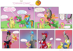 Size: 3508x2480 | Tagged: safe, artist:raggyrabbit94, discord, fluttershy, gummy, pinkie pie, rainbow dash, g4, aladdin, beauty and the beast, belle, captain hook, clothes, comic, cosplay, costume, cute, daring do costume, female, gummy costume, hades, hercules, high res, jafar, male, megara, nightmare night, peter pan, prince adam, princess belle, princess jasmine, ship:discoshy, shipping, straight, the beast, tinkerbell