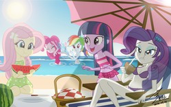 Size: 1200x751 | Tagged: safe, artist:bluse, fluttershy, pinkie pie, rainbow dash, rarity, twilight sparkle, equestria girls, g4, basket, beach, belly, belly button, bikini, chair, cheek bulge, clothes, drink, drinking, eating, eyelashes, eyeshadow, female, food, hilarious in hindsight, knife, makeup, midriff, one-piece swimsuit, picnic basket, plate, recliner, reclining, sexy, slender, splashing, straw, swimsuit, thin, twilight sparkle (alicorn), umbrella, water, watermelon