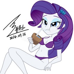 Size: 900x905 | Tagged: safe, artist:bluse, rarity, equestria girls, g4, background removed, belly button, bendy straw, bikini, breasts, clothes, coconut cup, cup, drink, drinking straw, female, kava bilo, legs, sexy, show accurate, signature, simple background, solo, straw, swimsuit, vector, white background