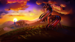 Size: 2880x1620 | Tagged: safe, artist:alumx, twilight sparkle, alicorn, pony, g4, cloud, cloudy, female, grass, mare, ponyville, scenery, solo, sunset, twilight sparkle (alicorn), twilight's castle