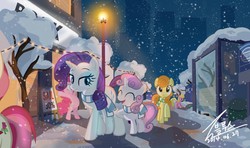 Size: 1300x771 | Tagged: safe, artist:bluse, applejack, carrot top, cherry berry, golden harvest, pinkie pie, rainbow dash, rarity, roseluck, sweetie belle, earth pony, pony, unicorn, g4, clothes, doctor who, eyes closed, female, mare, open mouth, scarf, show accurate, sisters, smiling, snow, snowfall, tardis, winter