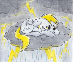 Size: 1005x866 | Tagged: safe, artist:islamilenaria, derpy hooves, pegasus, pony, g4, cloud, cloudy, female, floppy ears, lightning, mare, prone, sad, solo, traditional art