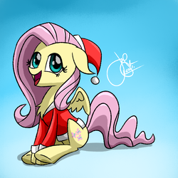 Size: 1024x1024 | Tagged: safe, artist:elzielai, fluttershy, pegasus, pony, g4, chest fluff, christmas, female, hat, santa hat, solo