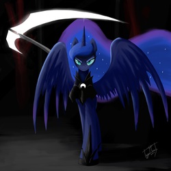 Size: 2048x2048 | Tagged: safe, artist:antonny195, nightmare moon, princess luna, fall of the crystal empire, g4, armor, female, high res, looking at you, nightmare luna, scythe, solo, spread wings