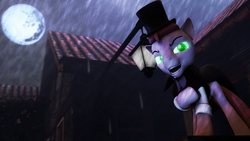 Size: 3836x2159 | Tagged: safe, artist:mollythemoopy, artist:shadowbolt97, pinkie pie, g4, 3d, bubble berry, cape, clothes, dr jekyll and mr hyde, evil smile, glowing eyes, hat, high res, rain, rule 63, source filmmaker, top hat, victorian