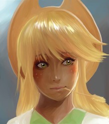 Size: 550x628 | Tagged: safe, artist:bluse, applejack, human, g4, blushing, female, humanized, solo