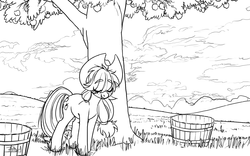 Size: 1584x986 | Tagged: safe, artist:prismspark, applejack, g4, eyes closed, female, leaning, monochrome, newbie artist training grounds, resting, solo, tree