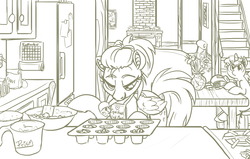 Size: 1908x1212 | Tagged: safe, artist:prismspark, derpy hooves, dinky hooves, pegasus, pony, g4, alternate hairstyle, baking, equestria's best mother, female, mare, monochrome, mouth hold, muffin