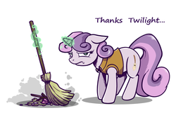 Size: 976x629 | Tagged: dead source, safe, artist:28gooddays, sweetie belle, pony, unicorn, g4, broom, female, floppy ears, hilarious in hindsight, magic, simple background, solo, sweepy belle, sweetie belle is not amused, sweetie fail, telekinesis, unamused