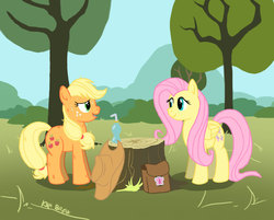 Size: 1235x993 | Tagged: safe, artist:kinrah, applejack, fluttershy, g4, tree