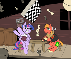 Size: 908x761 | Tagged: safe, artist:metal-kitty, big macintosh, twilight sparkle, alicorn, earth pony, pony, g4, angry, chess, crossover, derail in the comments, duo, end of the line, female, heavy mac, male, mare, rage quit, ship:twimac, shipping, sore loser, stallion, straight, team fortress 2, throwing, twi medic, twilight sparkle (alicorn)