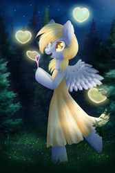 Size: 2000x3000 | Tagged: safe, artist:0okami-0ni, derpy hooves, pony, g4, bipedal, bubble, clothes, dress, female, forest, high res, night, solo, spread wings
