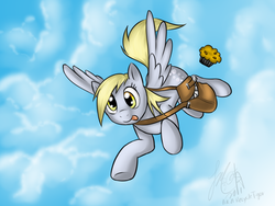 Size: 1024x768 | Tagged: safe, artist:cat-cly, derpy hooves, pegasus, pony, g4, bag, female, flying, mailbag, mare, muffin, solo