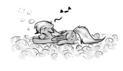 Size: 768x448 | Tagged: safe, artist:drhikari, derpy hooves, pegasus, pony, g4, adventures in happy, bubble, bubble wrap, eyes closed, female, grayscale, happy, mare, monochrome, prone, smiling, solo
