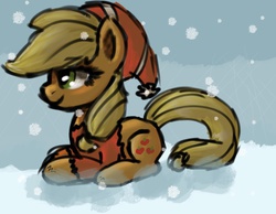 Size: 900x700 | Tagged: safe, artist:brushelle, applejack, g4, clothes, female, hat, prone, smiling, snow, snowfall, solo, sweater