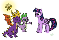 Size: 1268x851 | Tagged: safe, artist:lavenderrain24, spike, twilight sparkle, alicorn, dragon, dragonfly, pony, g4, crossover, drake, female, mare, sparx the dragonfly, spyro the dragon, spyro the dragon (series), twilight sparkle (alicorn)