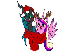 Size: 800x600 | Tagged: safe, artist:celestialsapphire, princess cadance, queen chrysalis, g4, clothes, hat, red nose, reindeer antlers, santa hat, scarf, shared clothing, shared scarf, simple background, white background