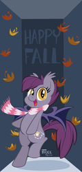 Size: 360x750 | Tagged: safe, artist:1trick, artist:lunarshinestore, oc, oc only, oc:night stitch, bat pony, pony, ask night stitch, autumn leaves, bipedal, clothes, leaves, scarf, smiling, solo