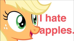 Size: 963x541 | Tagged: safe, applejack, g4, apple, blatant lies, dishonorapple, fruit heresy, heresy, liarjack, lies and slander!