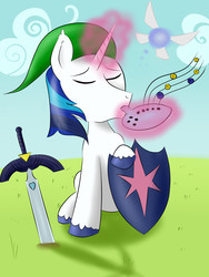 Size: 3000x4000 | Tagged: safe, artist:melonhunter, shining armor, fairy, g4, glowing horn, horn, link, male, master sword, musical instrument, ocarina, shield, solo, song of storms, sword, the legend of zelda, the legend of zelda: ocarina of time