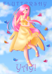 Size: 900x1273 | Tagged: safe, artist:nephiam, fluttershy, human, g4, clothes, dress, female, humanized, solo, winged humanization, yay